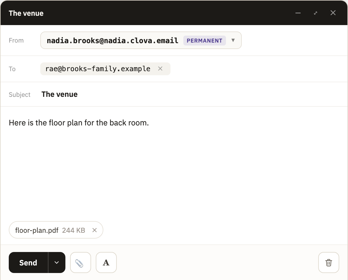A message being written, with a file attached