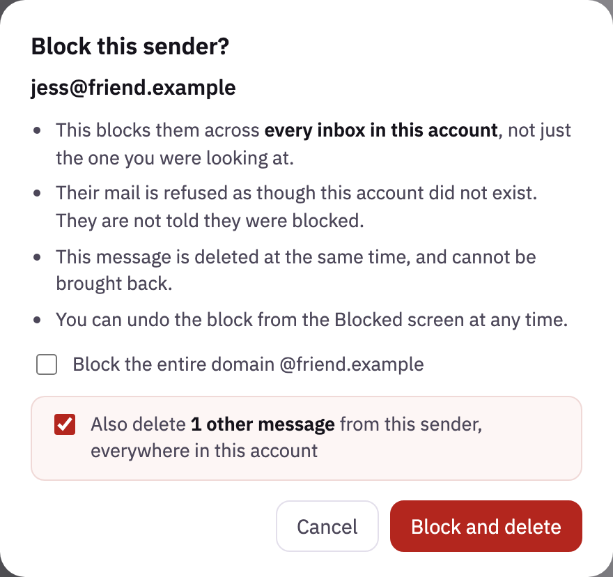 Block this sender?, with Also delete ticked, and Block and delete