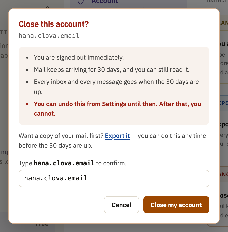 Close this account?, with the account's name typed in, and Close my account