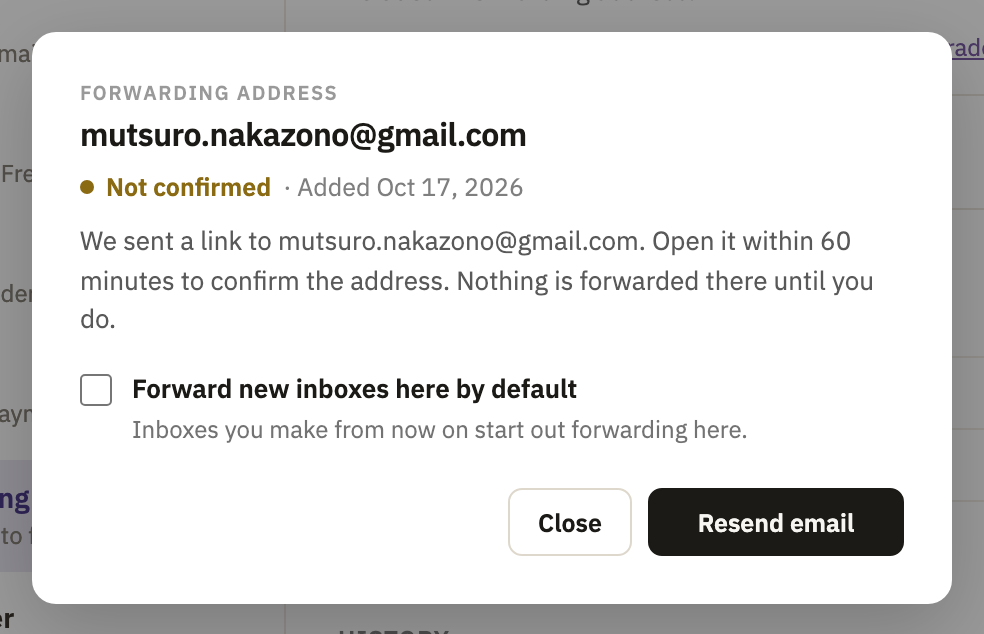 The address's window: Not confirmed, with Resend email