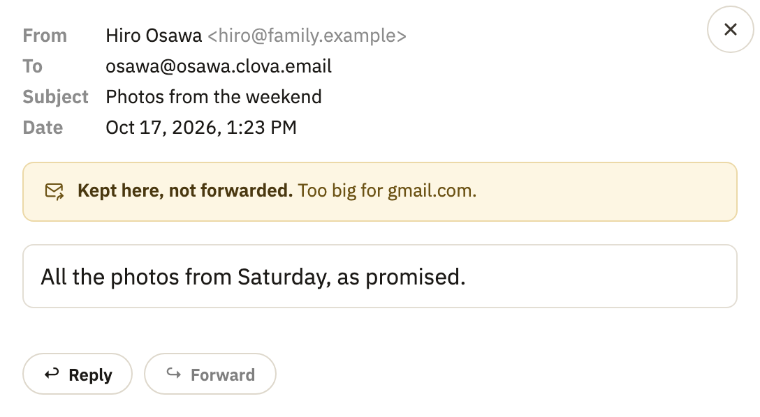 An open message saying Kept here, not forwarded. Too big for gmail.com.