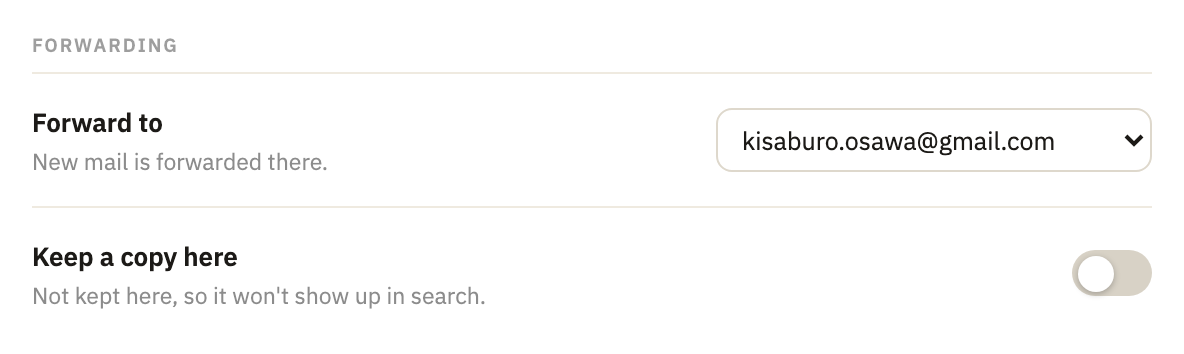 The inbox's settings: Forwarding, with Keep a copy here switched off