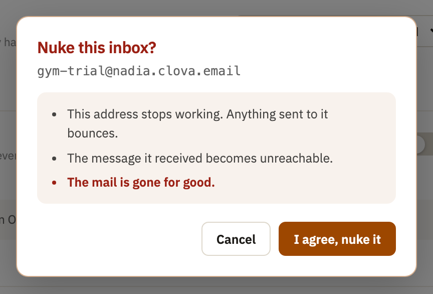 Nuke this inbox?, saying what happens, with Cancel and I agree, nuke it
