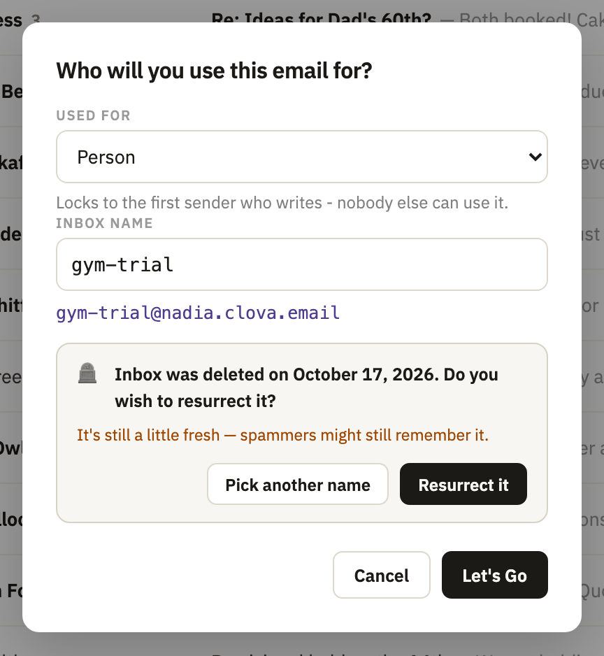 Inbox was deleted on October 17, 2026. Do you wish to resurrect it?, with Pick another name and Resurrect it