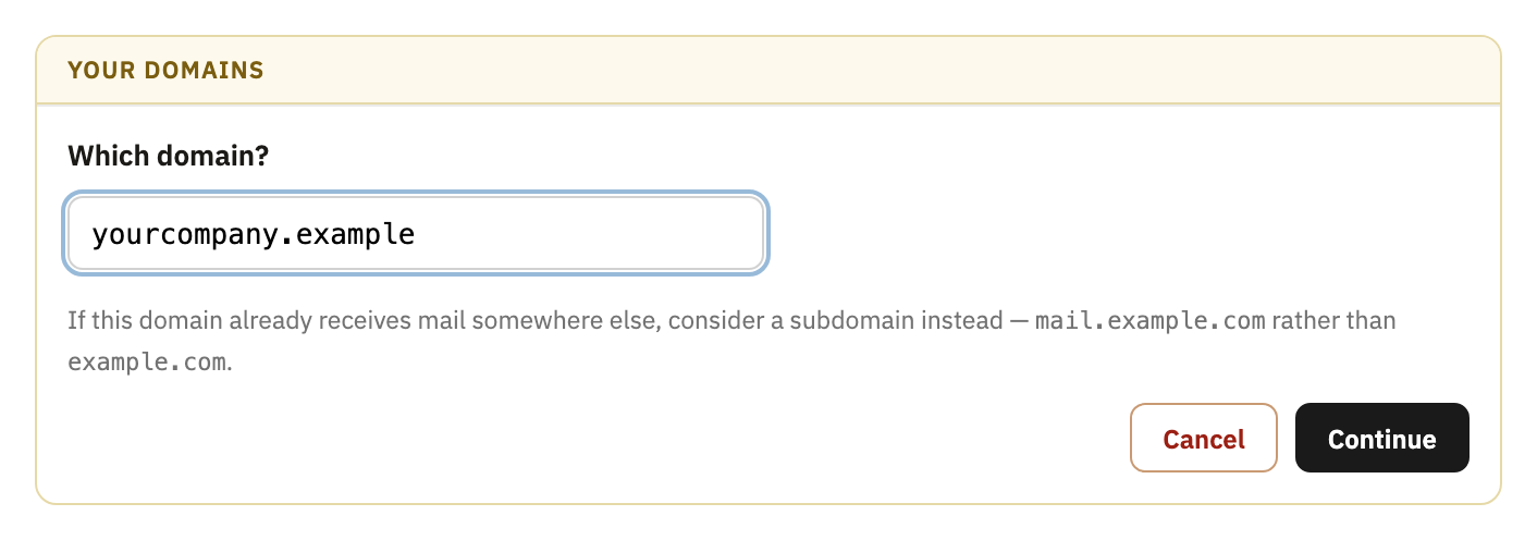 Which domain?, with a domain typed in, and Continue
