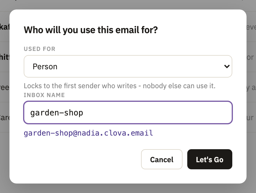 The New inbox window: Used for, set to Person, the inbox's name, and Let's Go