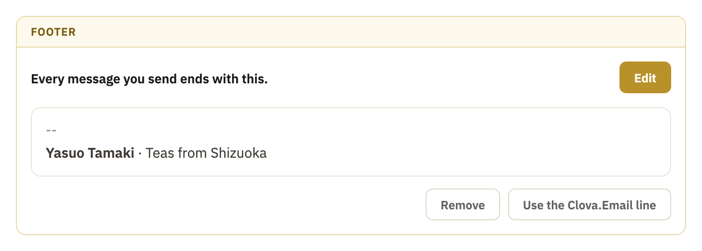 A footer of your own, with Remove and Use the Clova.Email line outlined