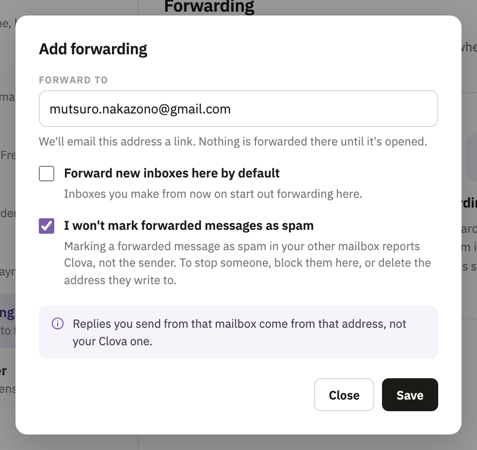 The Add forwarding window, with an address typed and the promise about spam ticked