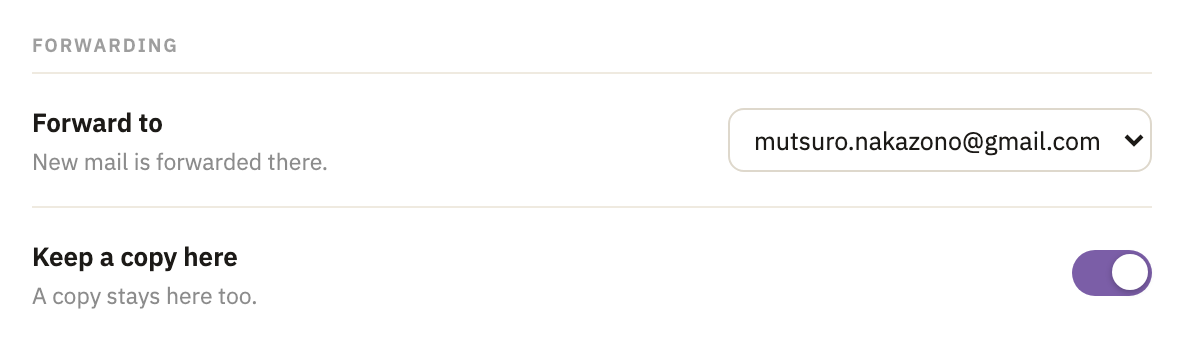 The inbox's settings: Forwarding, with the Gmail address chosen and Keep a copy here on