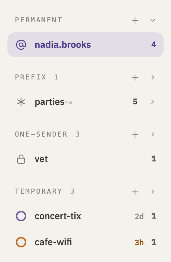 The sidebar, with permanent, prefix, one-sender and temporary inboxes