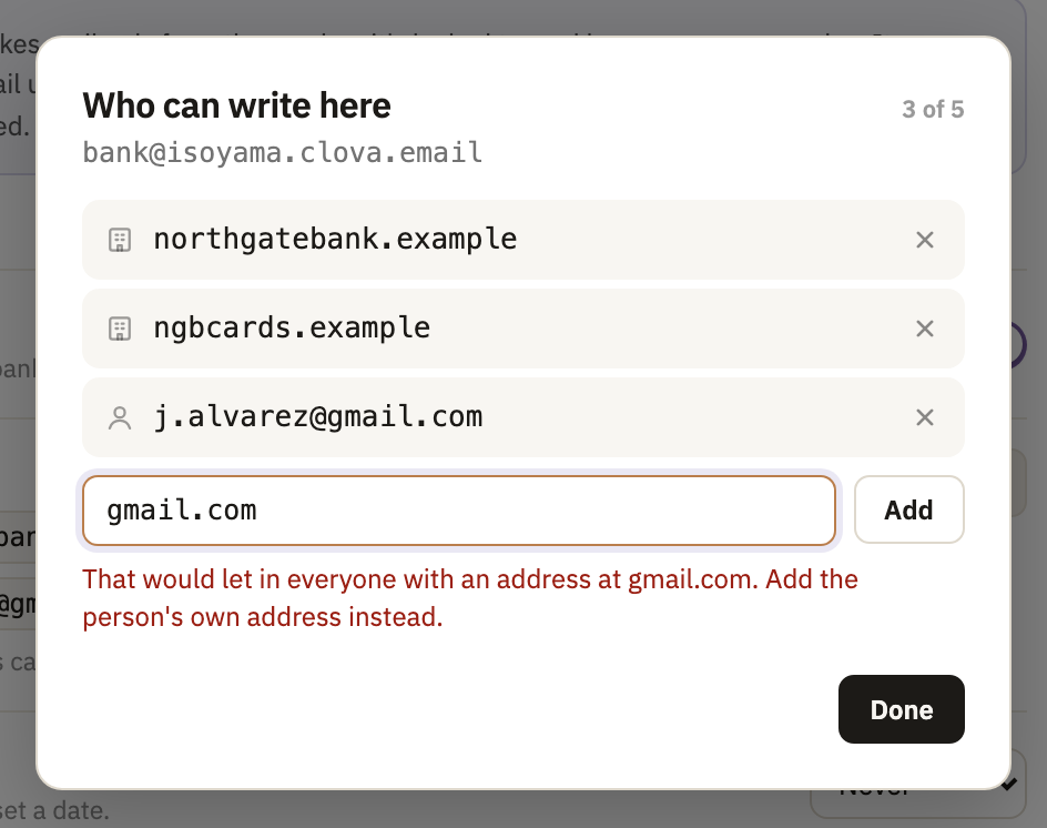 Who can write here, with three senders, and gmail.com typed and refused