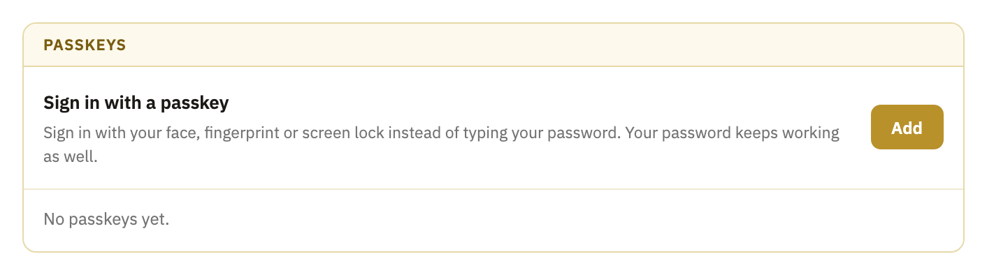 The Passkeys box, with no passkeys yet, and its Add button