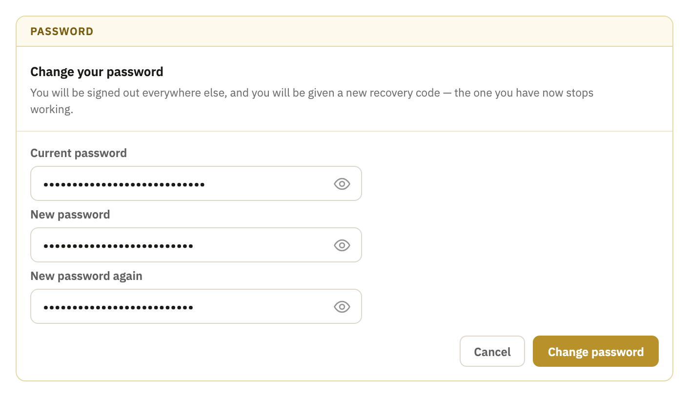 The Password box, open, with Current password, New password, New password again and the Change password button