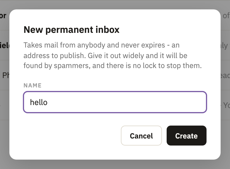 New permanent inbox, with a name typed and its Create button