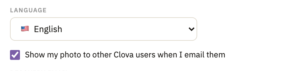 Language, and under it Show my photo to other Clova users when I email them, ticked