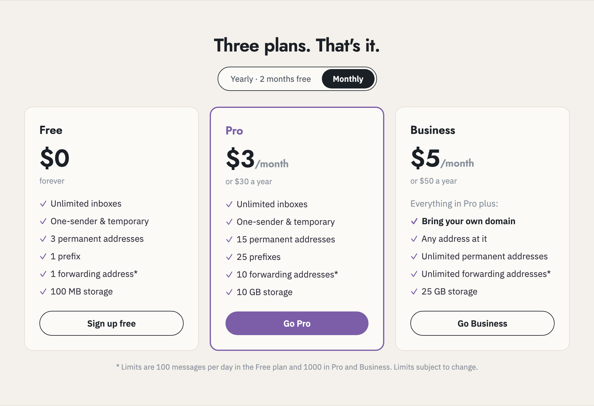 The Free, Pro and Business plans on Clova's home page, priced monthly