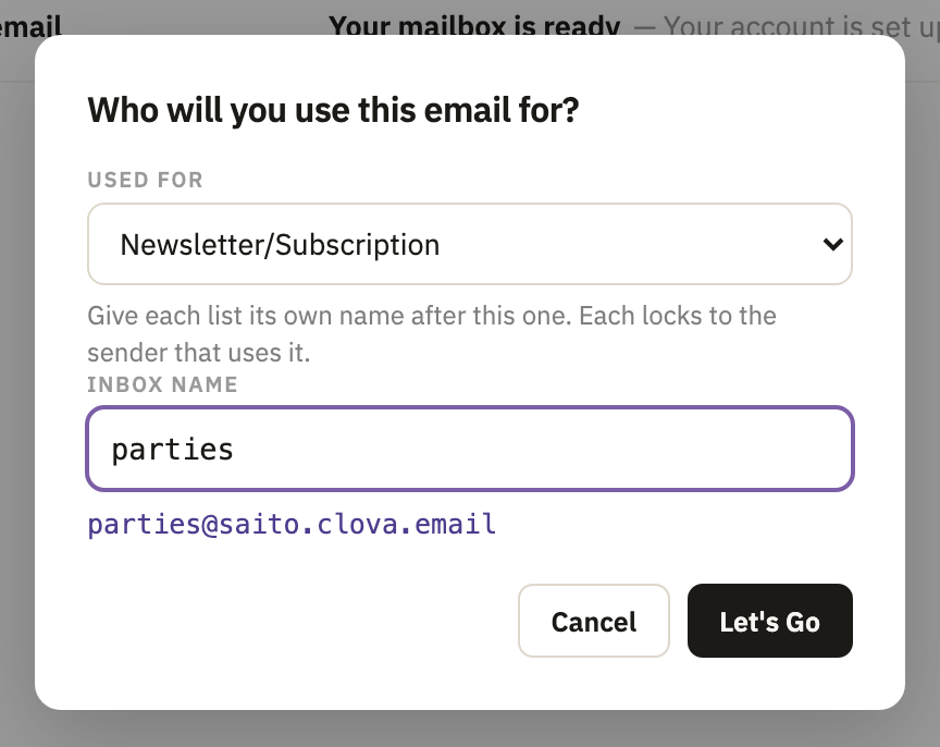 Who will you use this email for?, with Newsletter/Subscription chosen and parties typed as the name