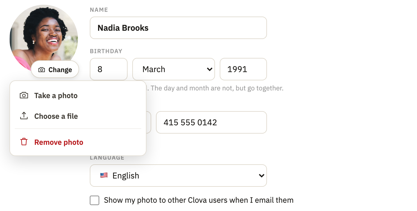 The photo's menu, with Take a photo, Choose a file and Remove photo