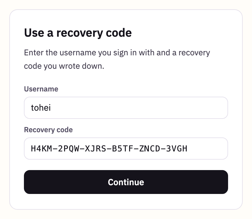 Use a recovery code, with a username and a code typed in, and the Continue button