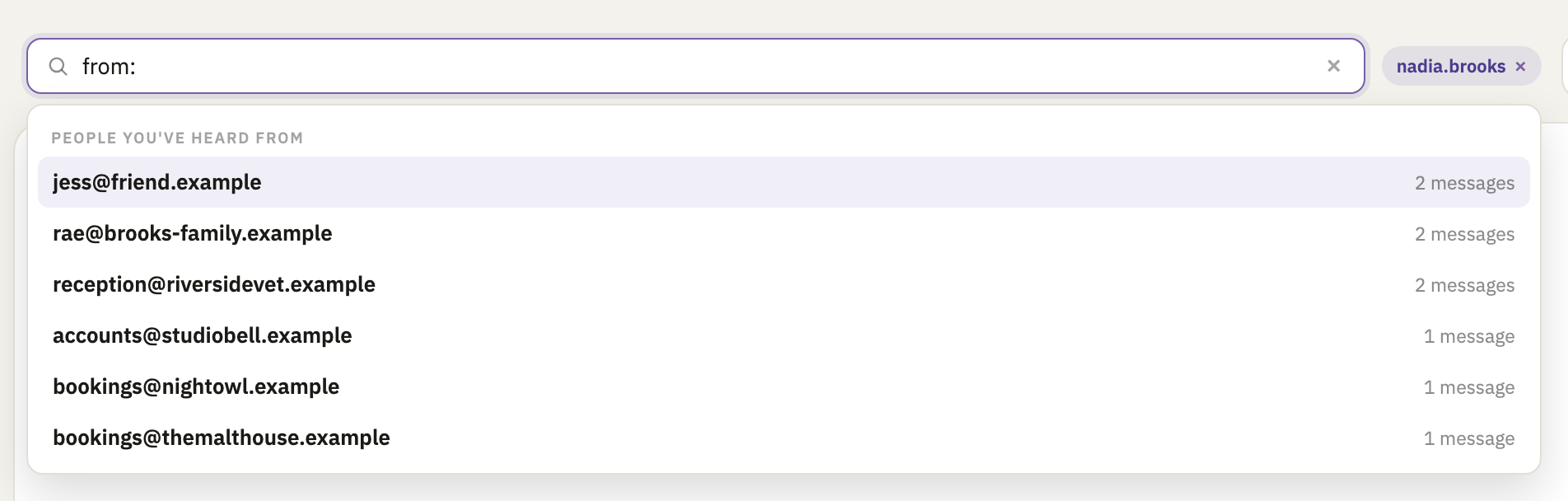 from: typed in the box, and the people you've had mail from under it