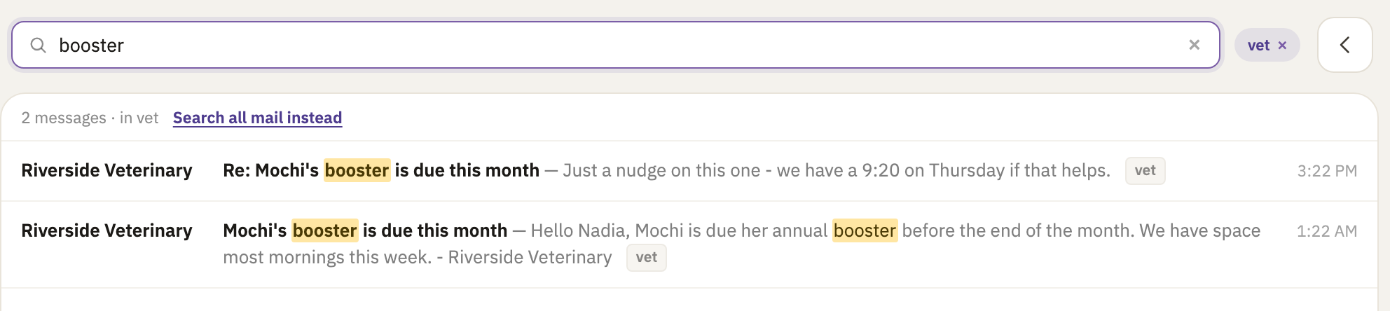 Results for booster in the vet inbox, with Search all mail instead above them