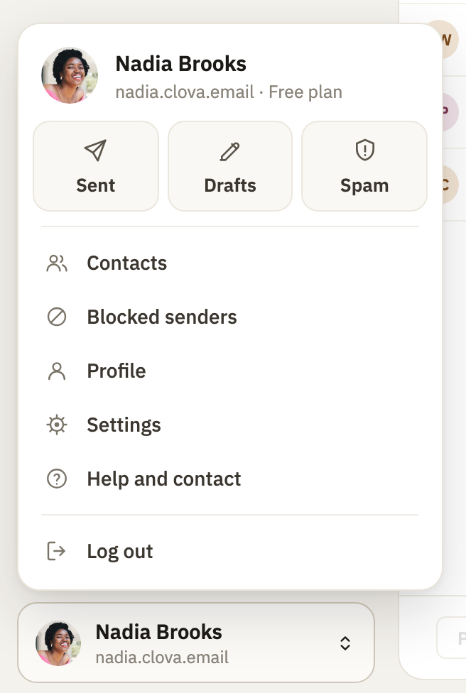 The account menu, with Spam beside Sent and Drafts