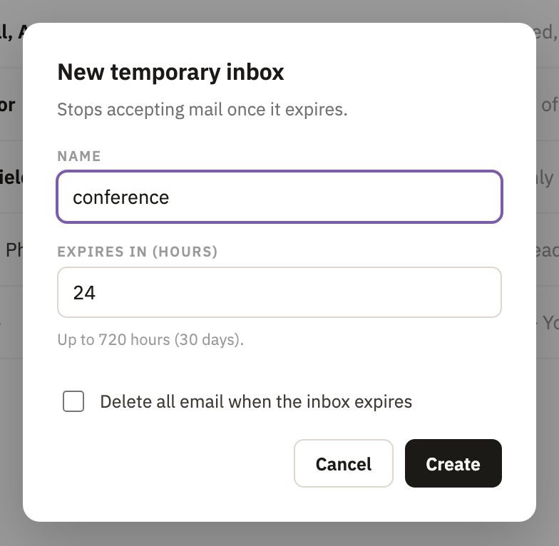 New temporary inbox, with how long it lasts and Delete all email when the inbox expires