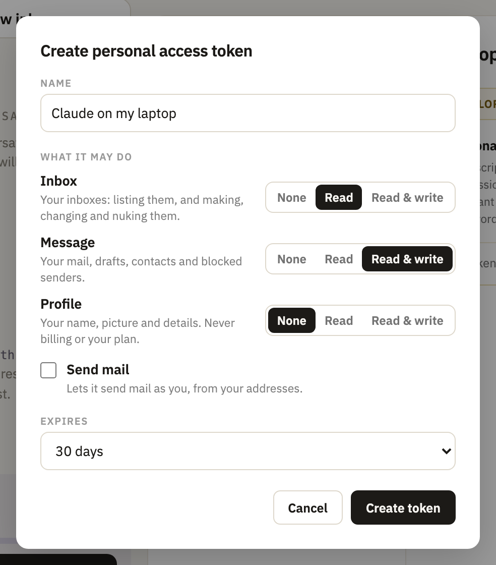 Create personal access token, with a name, Inbox at Read and Message at Read & write