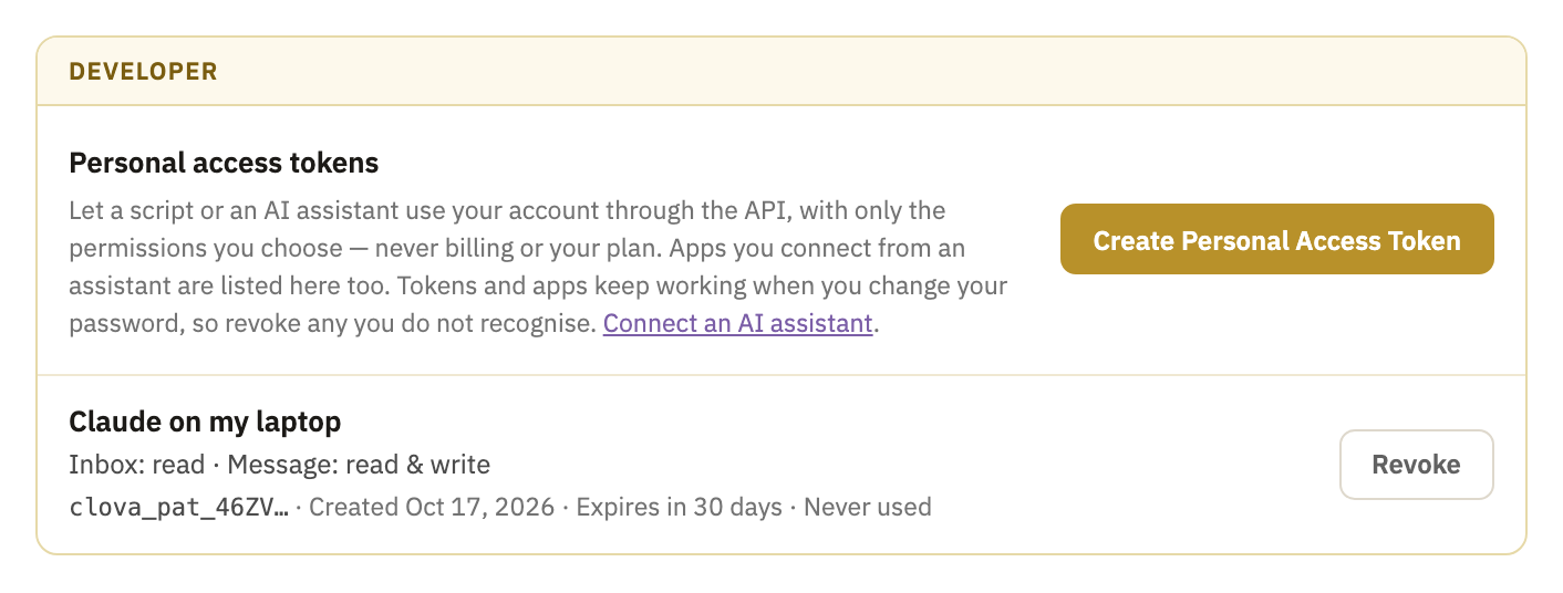The Developer box, with one token and its Revoke button