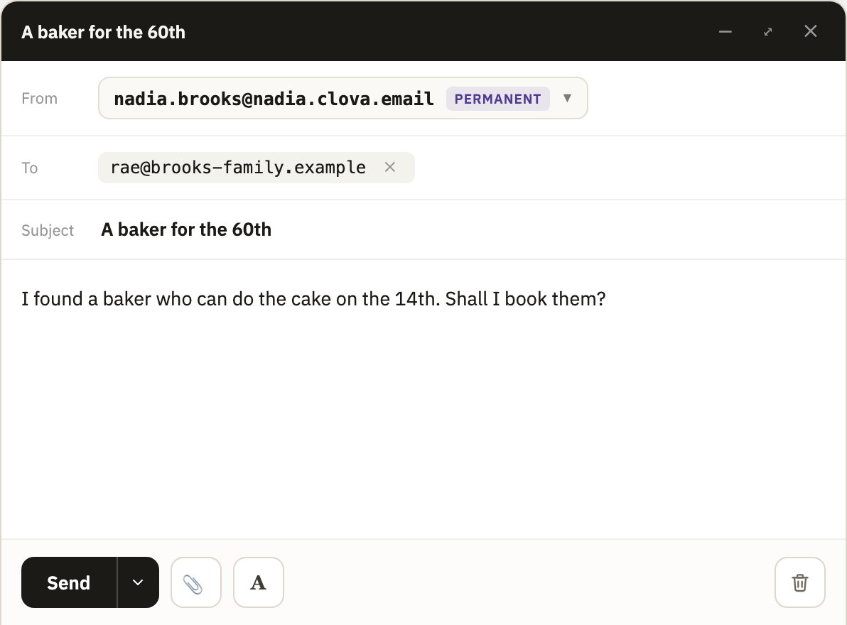 A new message, with From, To and Subject filled in, and Send