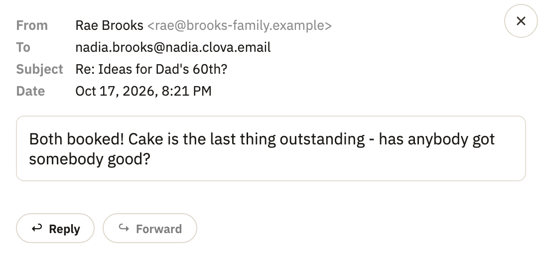 An open message, with Reply and Forward under it
