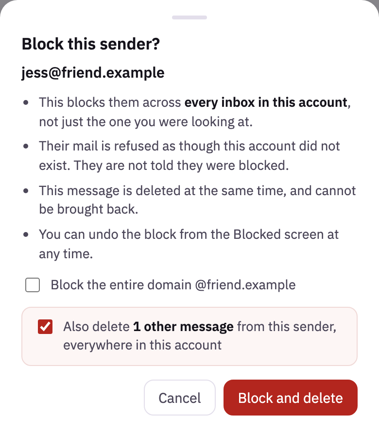 Block this sender?, with Also delete ticked, and Block and delete