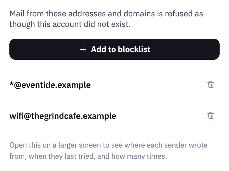 Blocked senders, with a whole domain and an address