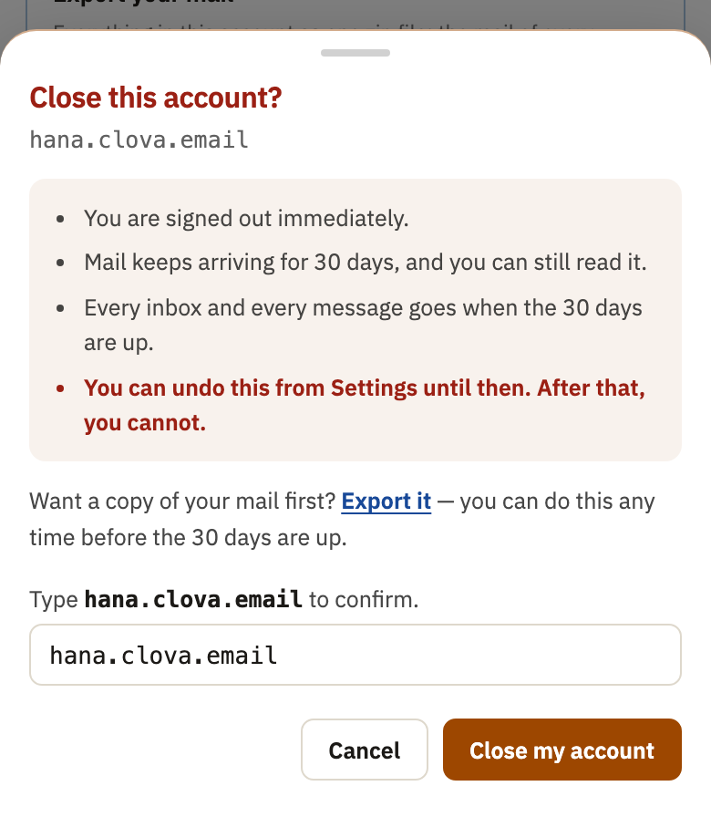 Close this account?, with the account's name typed in, and Close my account