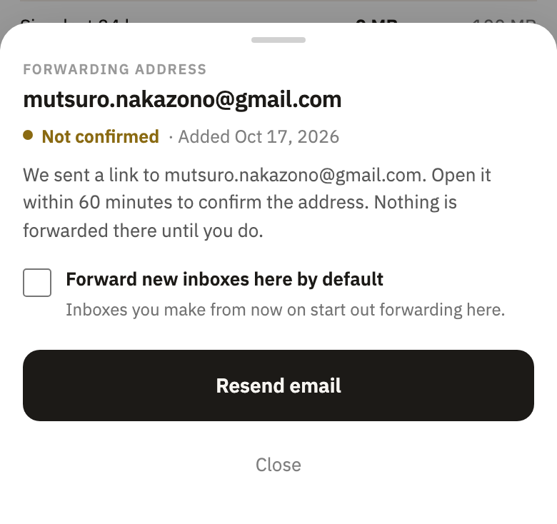 The address's window: Not confirmed, with Resend email
