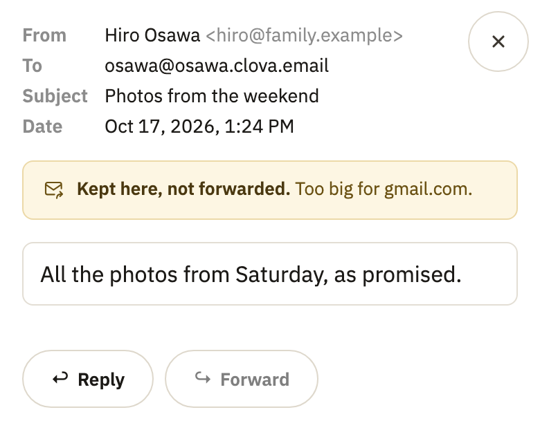 An open message saying Kept here, not forwarded. Too big for gmail.com.
