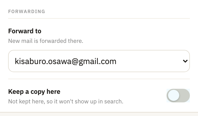 The inbox's settings: Forwarding, with Keep a copy here switched off