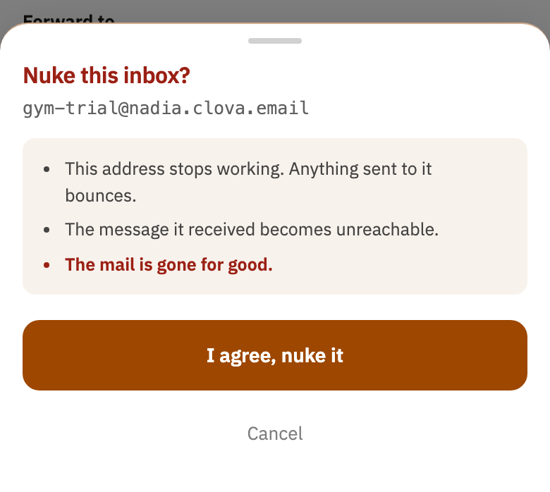 Nuke this inbox?, saying what happens, with Cancel and I agree, nuke it