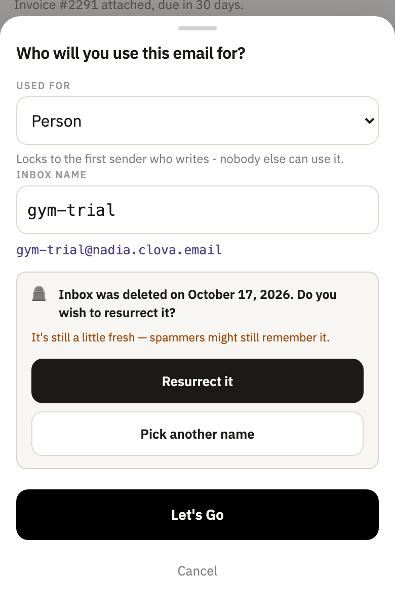 Inbox was deleted on October 17, 2026. Do you wish to resurrect it?, with Pick another name and Resurrect it