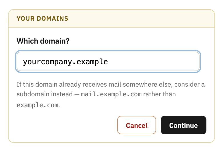 Which domain?, with a domain typed in, and Continue