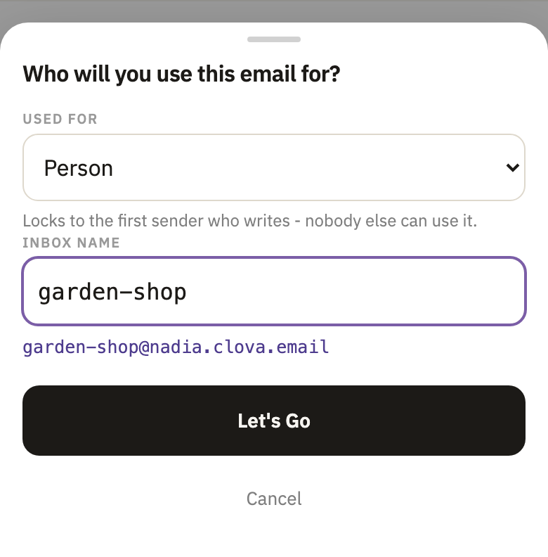 The New inbox window: Used for, set to Person, the inbox's name, and Let's Go