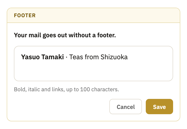The footer being written, with Cancel and Save