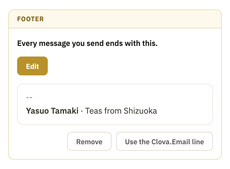 A footer of your own, with Remove and Use the Clova.Email line outlined