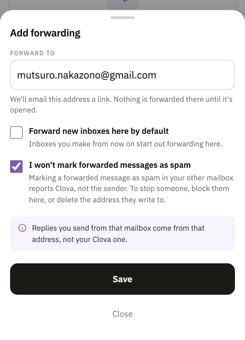 The Add forwarding window, with an address typed and the promise about spam ticked