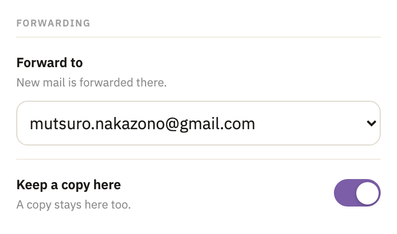 The inbox's settings: Forwarding, with the Gmail address chosen and Keep a copy here on
