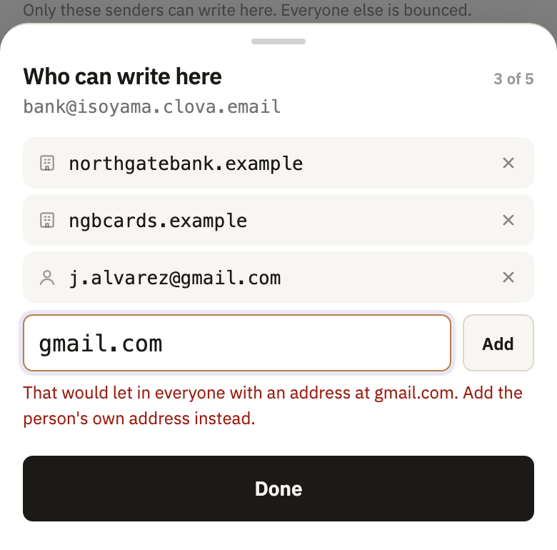 Who can write here, with three senders, and gmail.com typed and refused