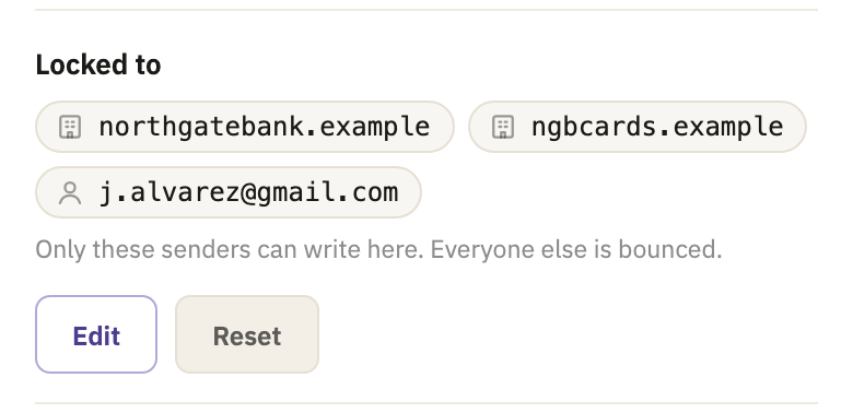 The inbox's settings: Locked to, with two companies and a person, and the Edit and Reset buttons