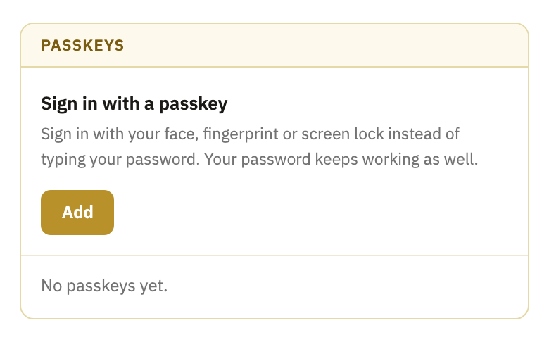 The Passkeys box, with no passkeys yet, and its Add button