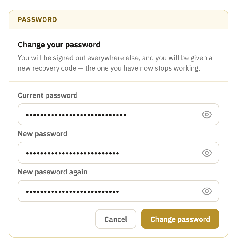 The Password box, open, with Current password, New password, New password again and the Change password button