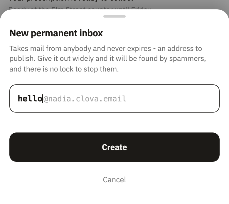 New permanent inbox, with a name typed and its Create button